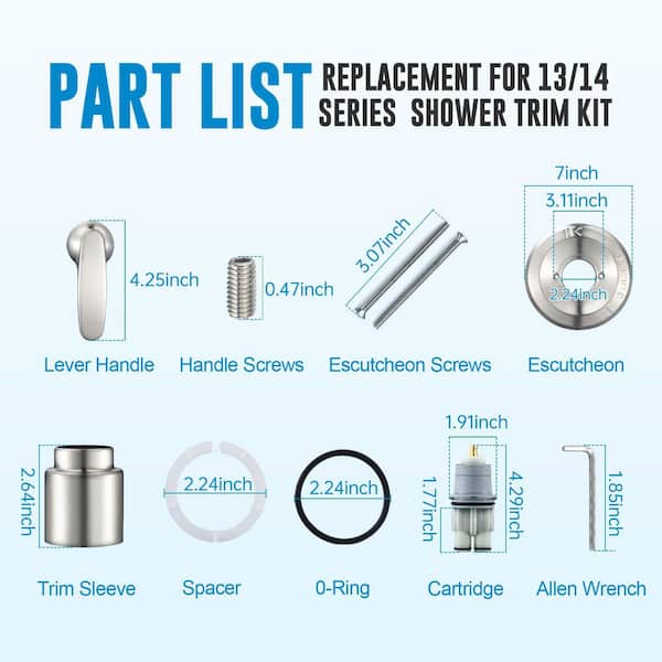 Replacement for Delta Classic 13 Series Single-Function Trim Kit T13010 Shower Handle, Brushed Nickel Cartridge Included
