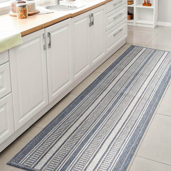 JONATHAN Y Haynes Modern Double Stripe Blue/Light Gray 2 ft. x 8 ft. Indoor/Outdoor Runner Rug