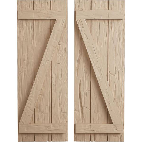 Ekena Millwork 16.5 in. x 48 in. Timberthane Polyurethane 3-Board Joined Board-n-Batten Hand Hewn Faux Wood Shutters w/Z-Board Pair
