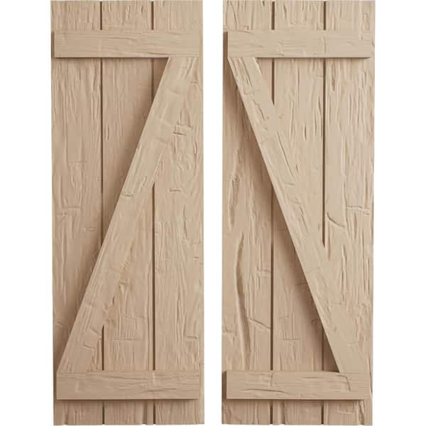 Ekena Millwork 16.5 in. x 66 in. Timberthane Polyurethane 3-Board Joined Board-n-Batten Hand Hewn Faux Wood Shutters w/Z-Board Pair