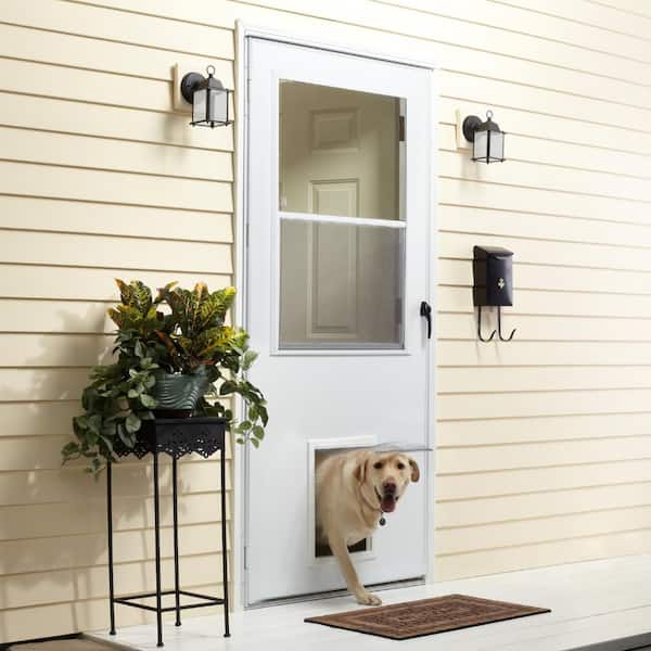 32 in. x 80 in. White Universal 1/2 Light Pet Entry Vinyl Storm Door with Black Hardware