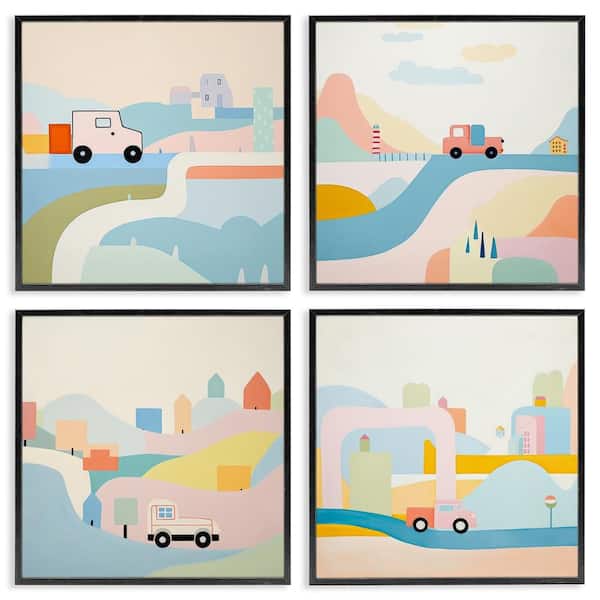 Pastel Whimsical Landscapes by Lazar Studio 4-Pieces Black Framed Nature Giclee Art Print 17 in. x 17 in.