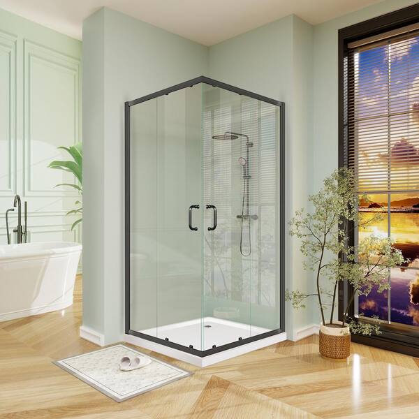 WELLFOR 36 in. W x 72 in. H Sliding Framed Corner Shower Enclosure in Black with White Square Base
