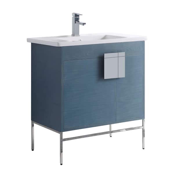FINE FIXTURES Shawbridge 30 in. W x 18.11 in. D x 33.5 in. H Bath Vanity in French Blue with Ceramic Vanity Top in White