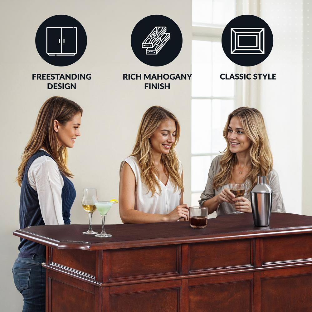 Mahogany Finish Poplar Wood Home Bar with Storage and Shelves