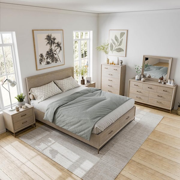 Furniture of America Lena 6-Piece Oak Wood King Bedroom Set With 2 Felt Lined Foot Drawers