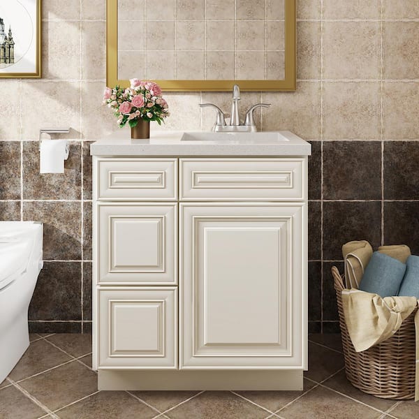 Hausvita 30 in. W x 21 in. D x 34.5 in. H in Cameo White Plywood Ready to Assemble Floor Vanity Sink Base Kitchen Cabinet