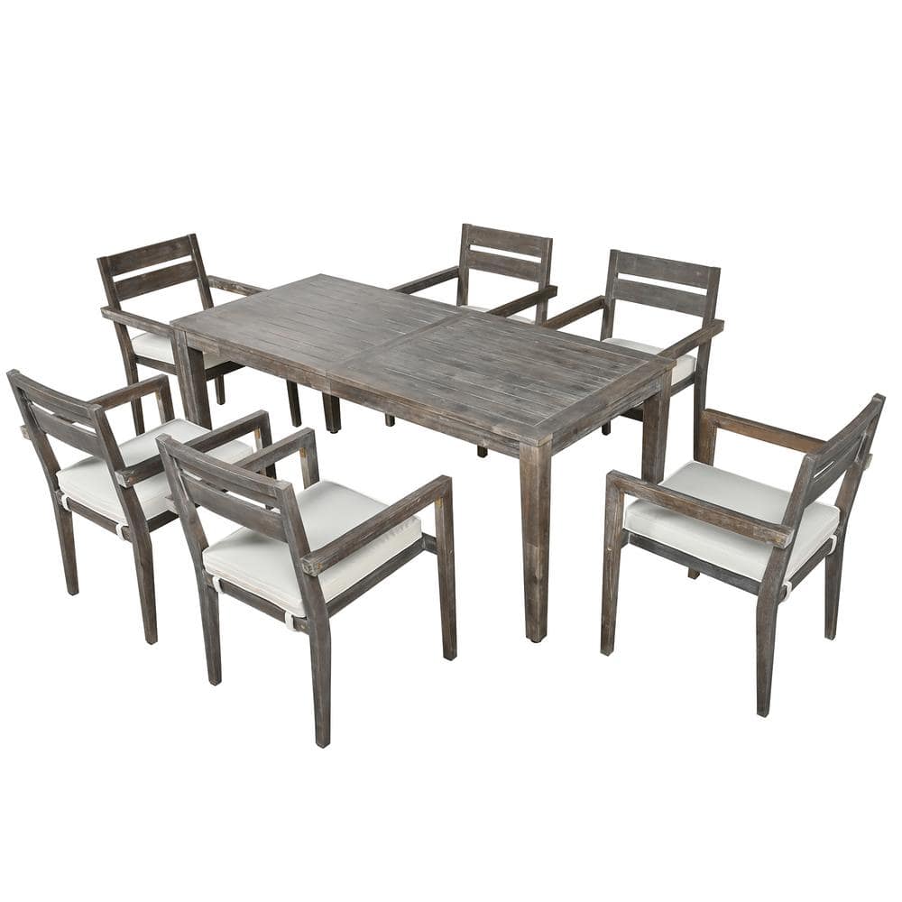 7-Piece Acacia Wood Patio Outdoor Dining Table Set with Beige Cushions, Gray