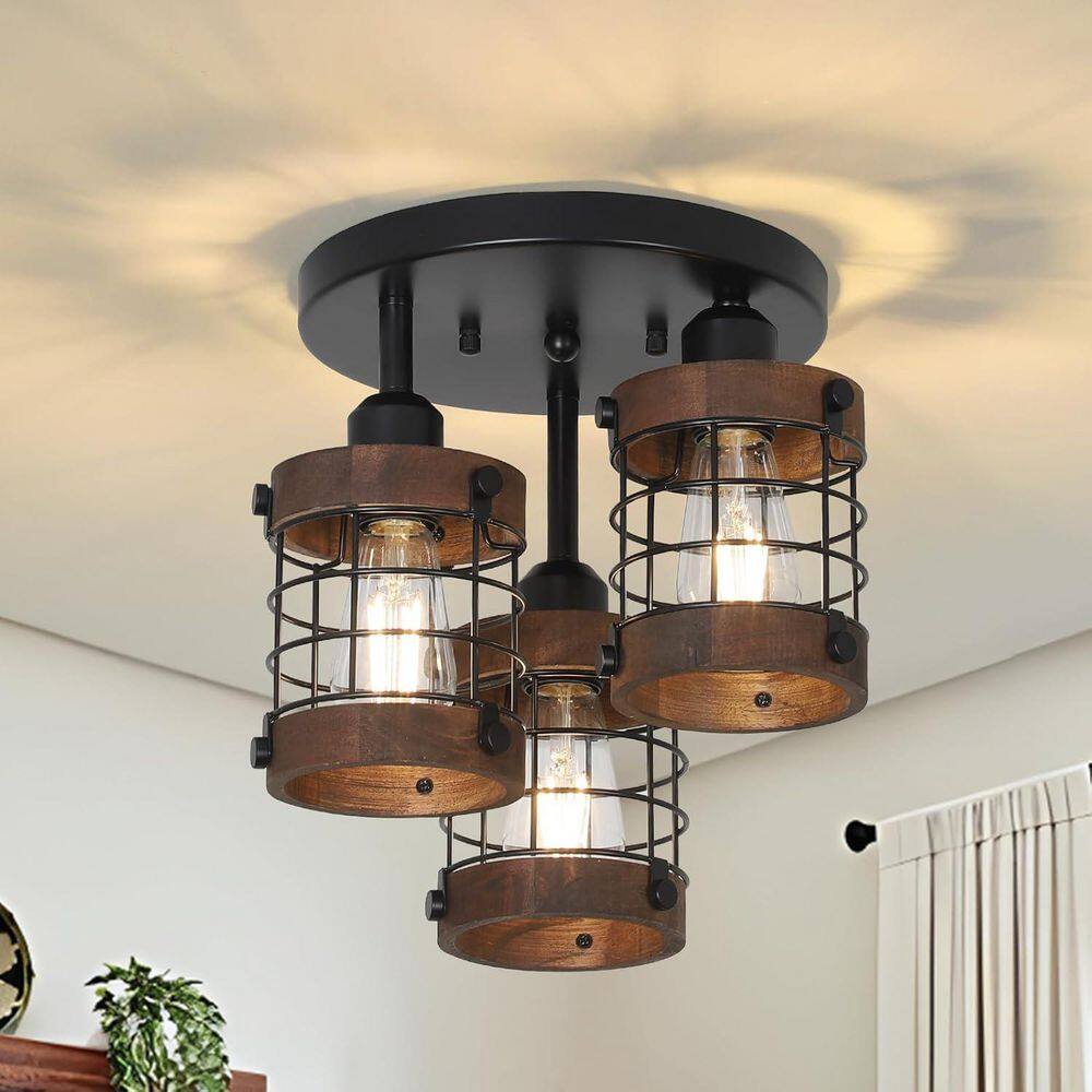 Trio 11.8 in. 3 Light Modern Black Semi Flush Mount With Rattan Shades for Hallway Bedroom,Kitchen,No bulb(s)included price history on PriceWatchPro