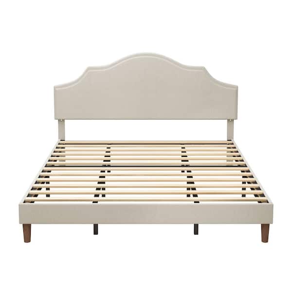 Modern Beige Wood Frame Upholstered King Platform Bed with Adjustable Headboard, No Box Spring Needed