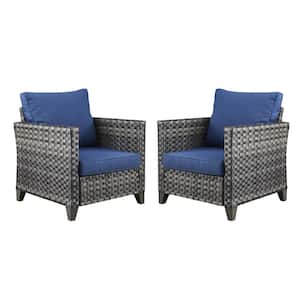 Serga 2-Piece Gray Wicker Outdoor Patio Lounge Chair with Blue Cushions