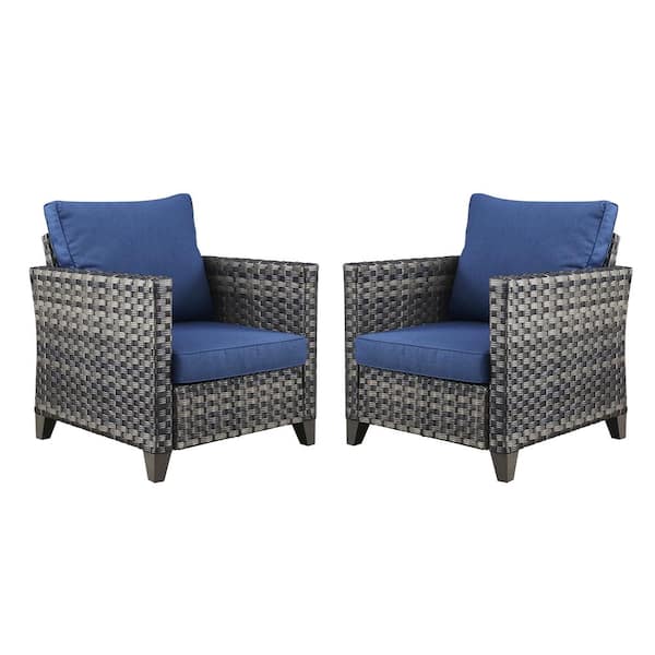Unbranded Serga 2-Piece Gray Wicker Outdoor Patio Lounge Chair with Blue Cushions