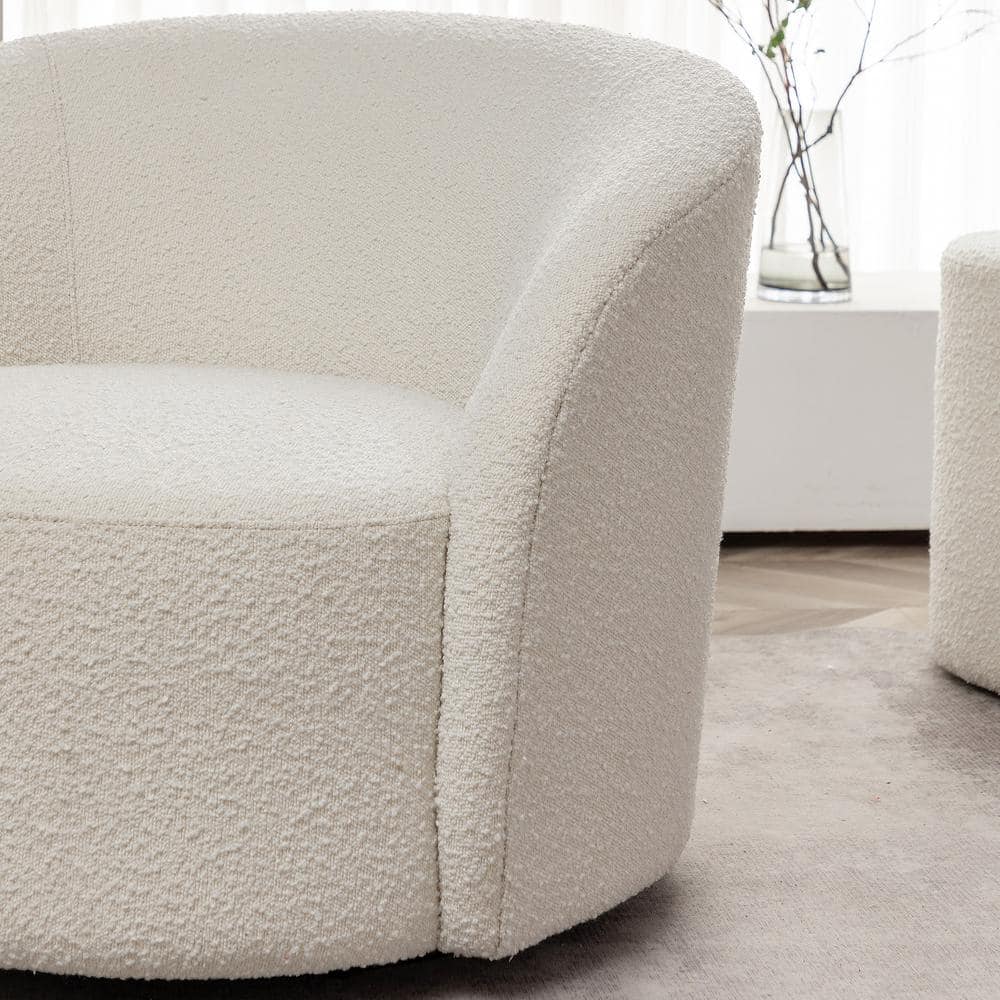 Cream Upholstered Swivel Barrel Accent Chair with Wood Frame