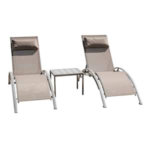 Aluminum 2-Piece Adjustable Stackable Outdoor Chaise Lounge in Khaki Seat with Pillow and Side Table