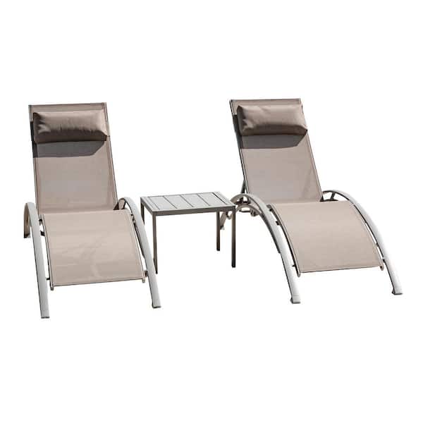 GAWEZA Aluminum 2-Piece Adjustable Stackable Outdoor Chaise Lounge in Khaki Seat with Pillow and Side Table