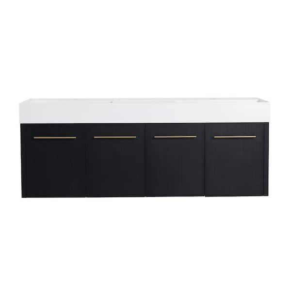 Ziyudura 60 in. Double Sink Floating Black Bath Vanity with White Resin Top, Soft Closing Hinges, 4 Doors