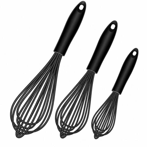 Black Silicone Balloon Whisk Set, Non-Scratch Heat Resistant for Nonstick Cookware, Dishwasher Safe Kitchen Baking Tool