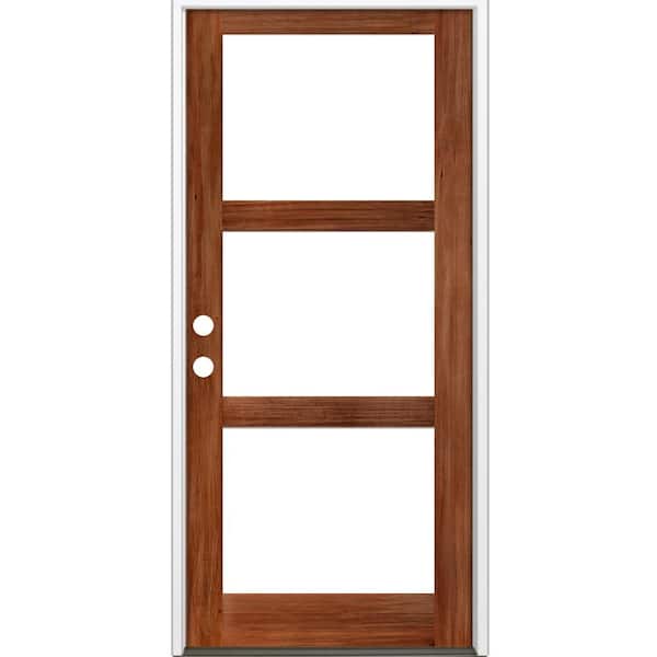Krosswood Doors 42 in. x 96 in. Modern Hemlock Right-Hand/Inswing 3-Lite Clear Glass Red Chestnut Stain Wood Prehung Front Door