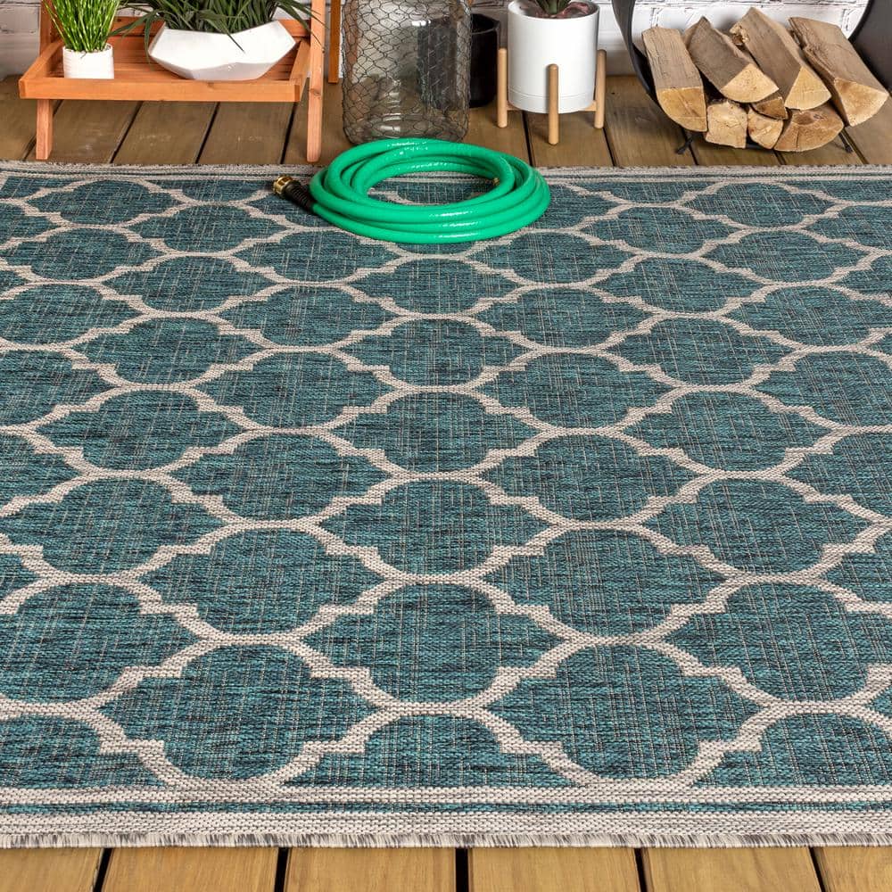 Gray and Teal Synthetic Trellis 4' x 6' Reversible Rug