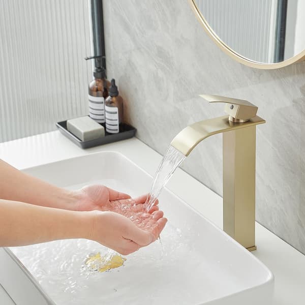 Waterfall Single Hole Single Handle Bathroom Vessel Sink Faucet With Supply Hose in Brushed Gold