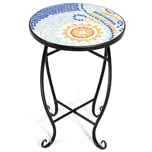 14 in. Outdoor Plant Stand Top Round Blue Accent Steel Table Garden