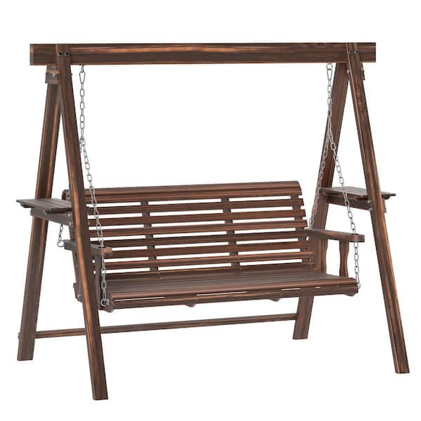 3 Seat Porch Swing with Stand, Wooden Patio Swing Chair with Side Tables