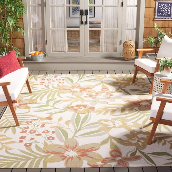 Courtyard Beige/Rust 9 ft. x 12 ft. Botanical Leaves Indoor/Outdoor Area Rug