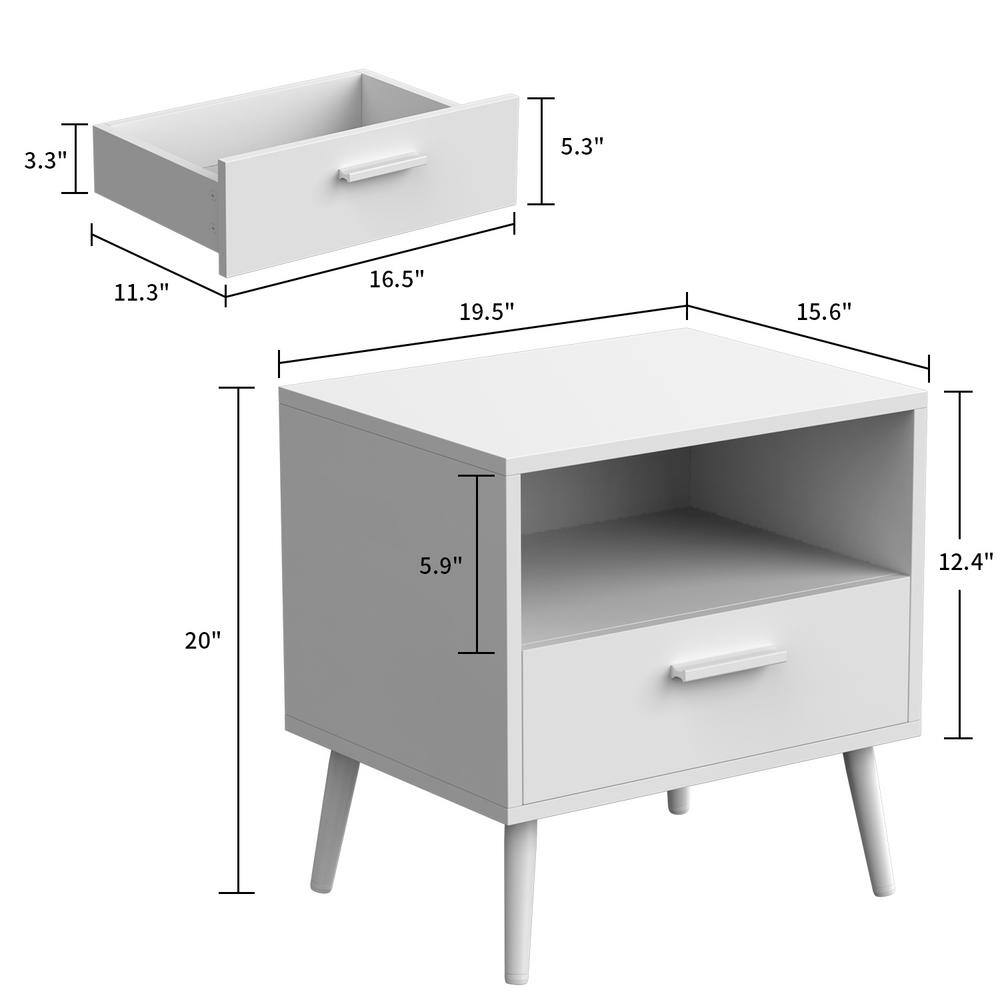 White Particle Board Nightstand with Drawer and Open Compartment