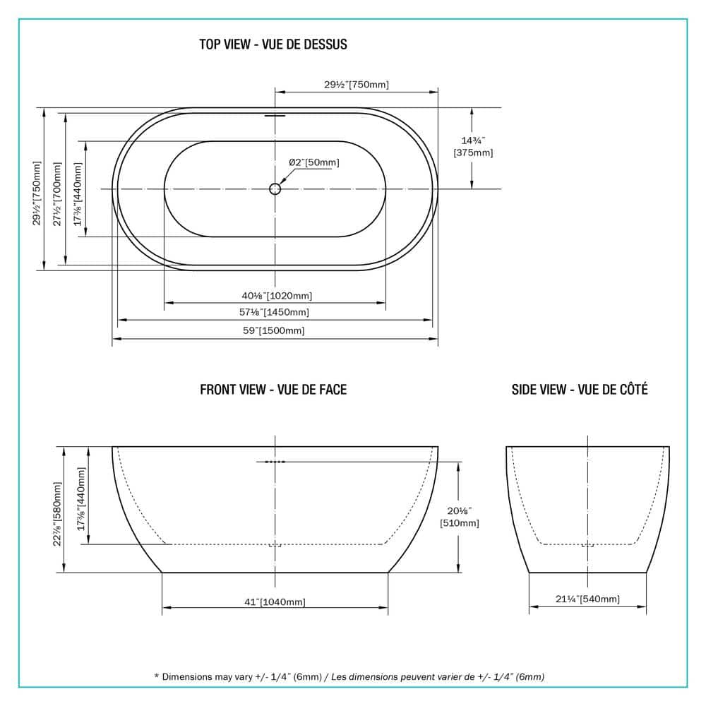 59'' White Oval Freestanding Acrylic Soaking Bathtub