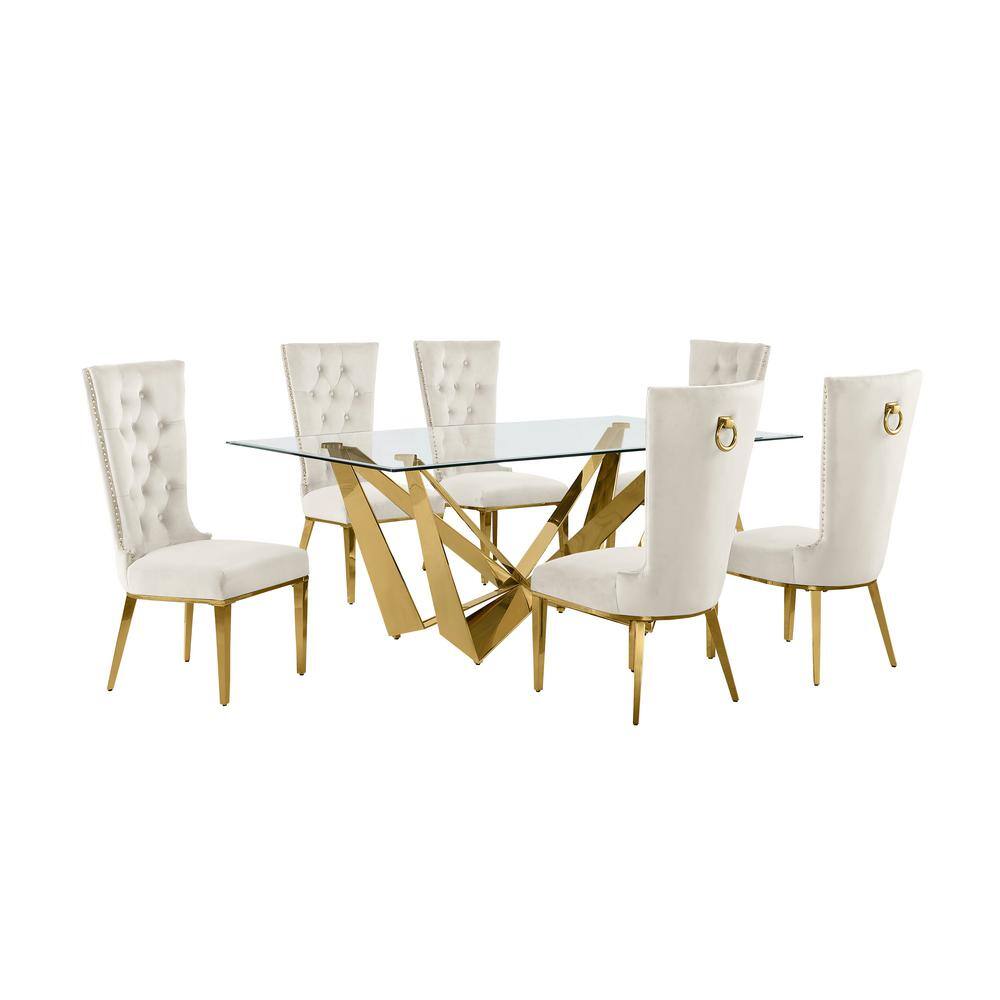 Best Quality Furniture Rae 7Piece Rectangular Glass Top Gold Stainless