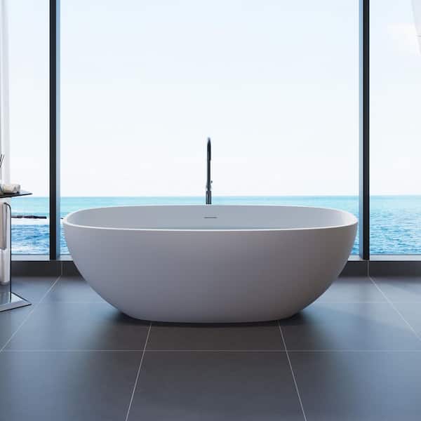 Moray 67 in. x 29.5 in. Solid Surface Stone Resin Flatbottom Freestanding Soaking Bathtub in Matte White