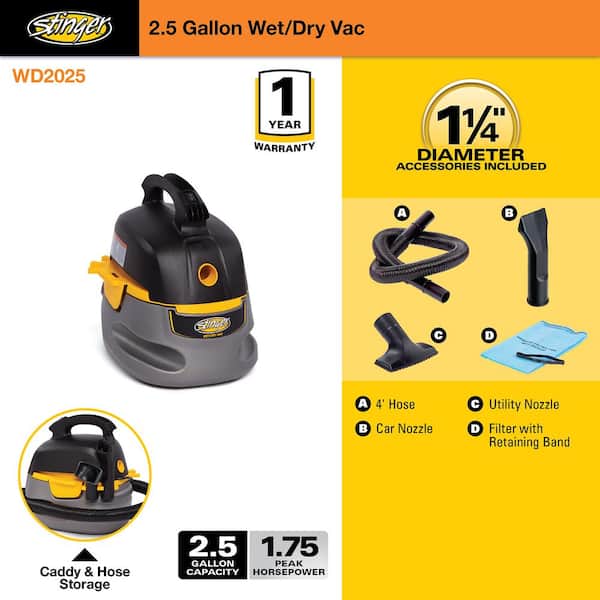 Stinger 2.5 Gallon 1.75 Peak HP Compact Wet/Dry Shop Vacuum with Filter Bag,  Hose and Accessories HD2025 - The Home Depot