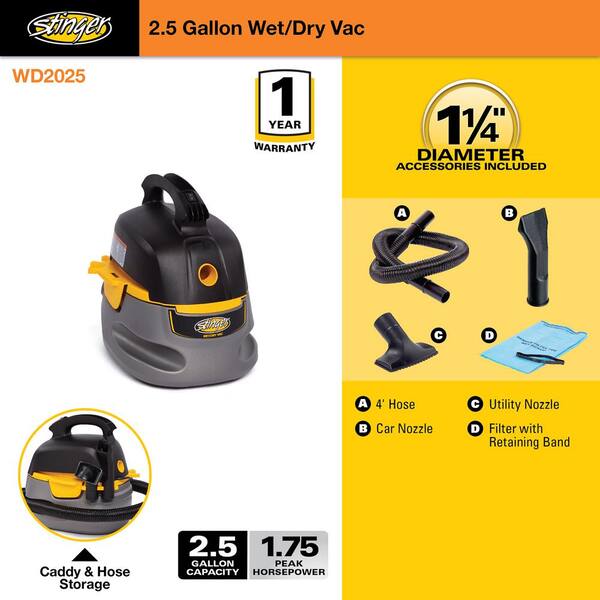 Stinger 2.5 Gallon 1.75 Peak HP Small Shop Vac Wet Dry Vacuum with