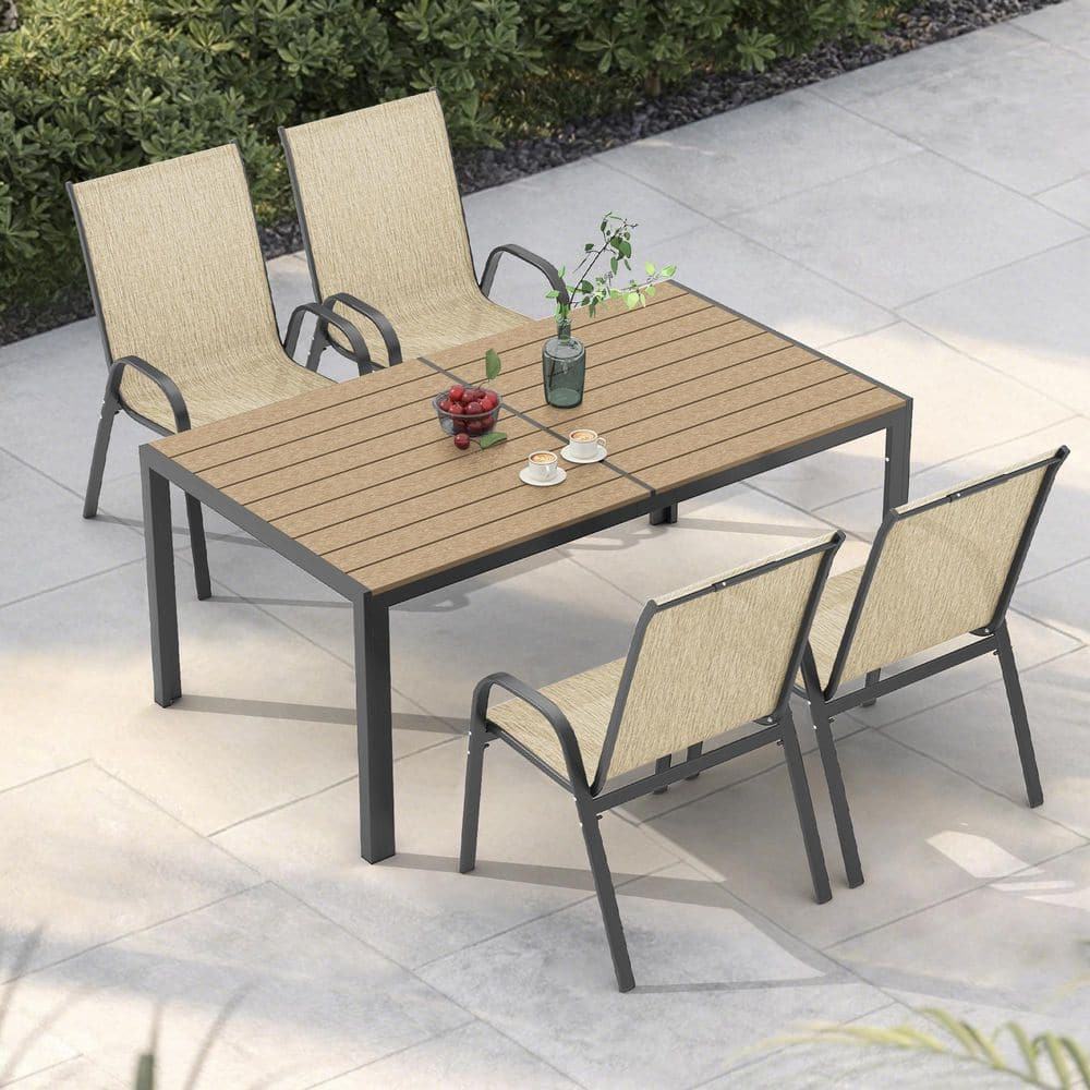 5-Piece Metal Outdoor Dining Set with 4-Textilene Stackable Chairs and Rectangular Table, Patio Dining Table Set for 4