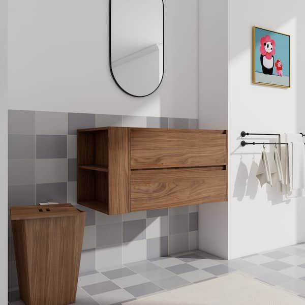 Osiris Modern 35.19 in. Floating Bath Vanity Cabinet without Top in Brown Oak with Soft Close Drawers, Open Shelf