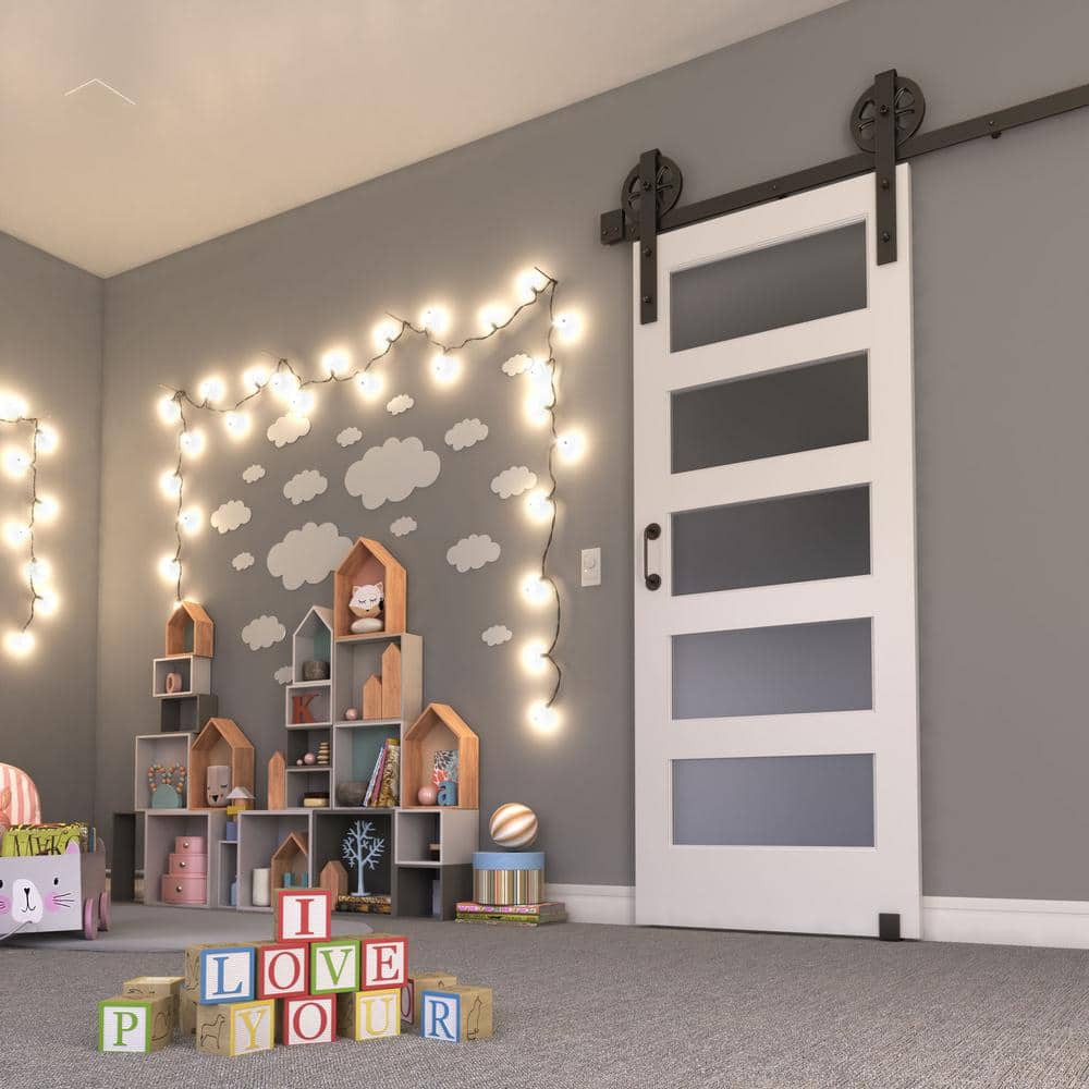 84" x 32" White Prefinished 5-Lite Frosted Glass Solid Pine Barn Door