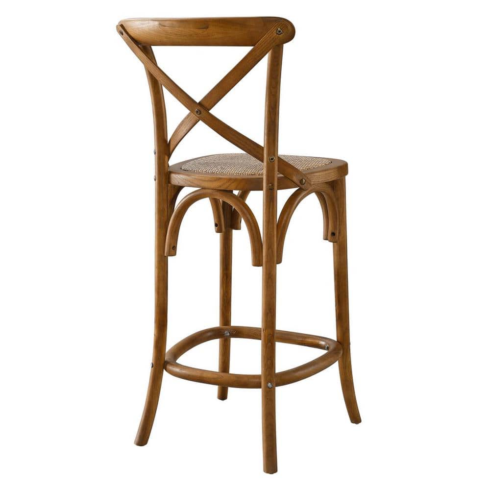 Walnut Elm Wood Counter Stool with Rattan Seat