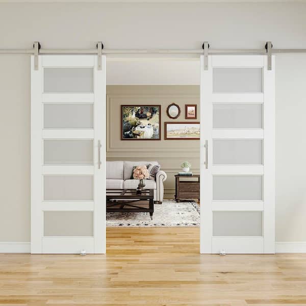 60 in. x 80 in. 5-Lite Tempered Frosted Glass White Finished MDF Sliding Barn Door with Hardware Kit Nickel Plated