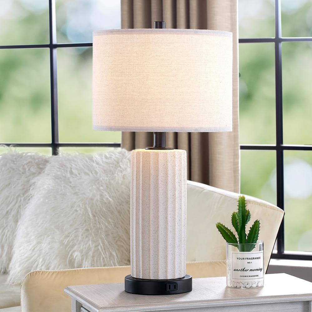 White Ceramic Table Lamp Set with USB Ports and Touch Control