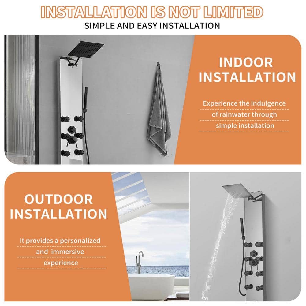 Nickel and Black Multifunction Shower Panel System with Body Jets