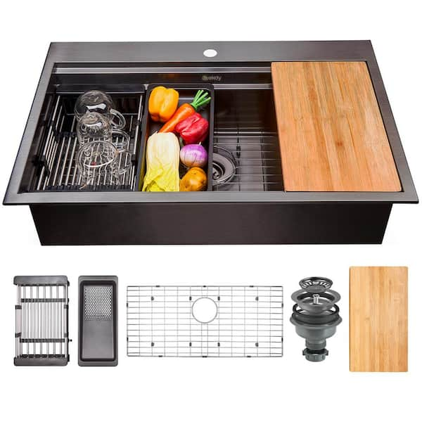 PROOX Matte Black Stainless Steel 33 in. Single Bowl Drop-In Kitchen Sink with All-in-One Accessory Set