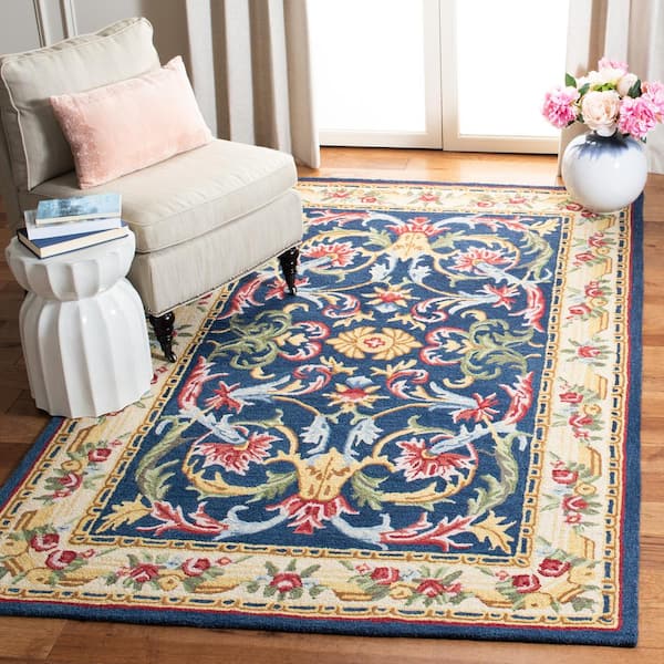Heritage 4 ft. x 6 ft. Navy/Ivory Floral Border Area Rug