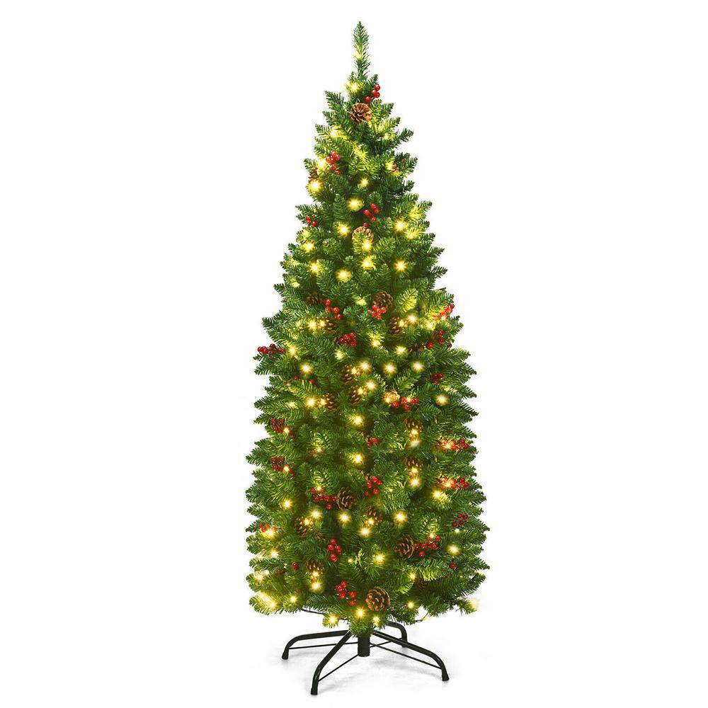 Gymax 4.5 ft. Pre-Lit Pencil Artificial Christmas Tree Hinged Slim Tree ...