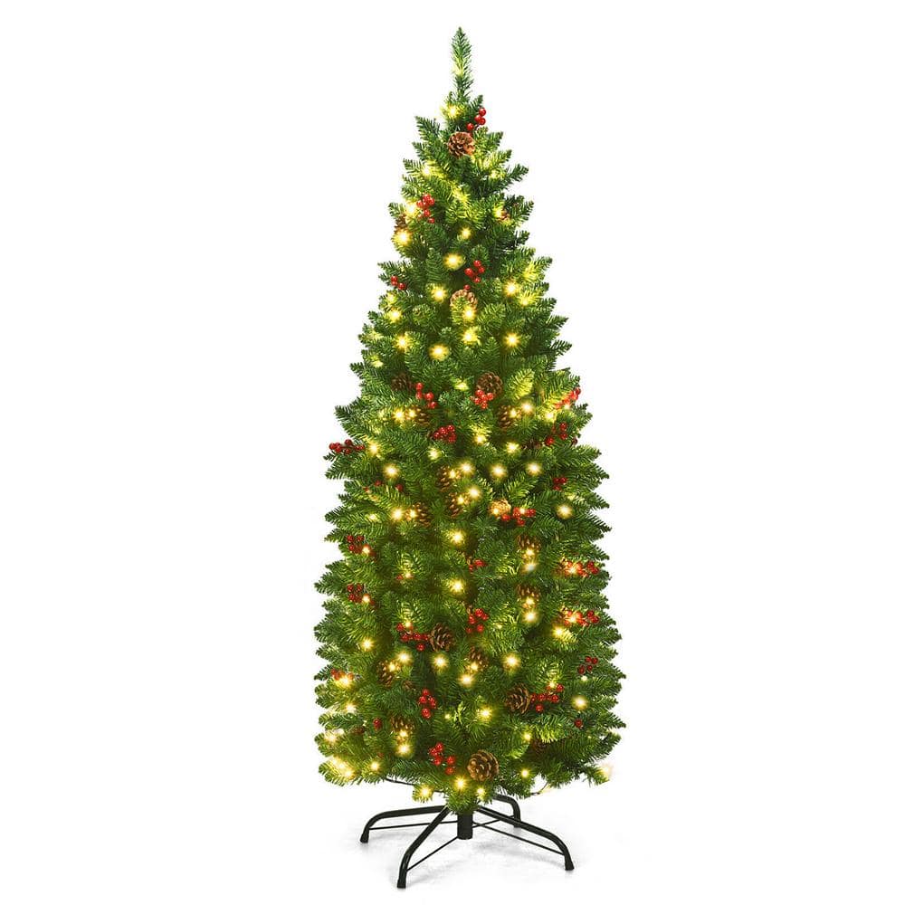 Gymax 4.5 ft. Pre-Lit Pencil Christmas Tree Hinged Artificial Slim Tree with LED Lights