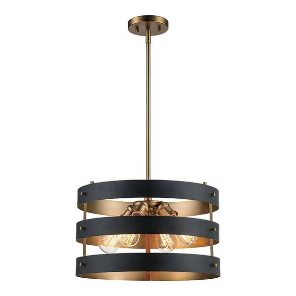 Monteaux Lighting Monteaux 4-Light Black and Antique Gold Drum Pendant with Metal Shade