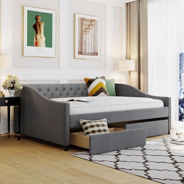 Harper & Bright Designs Button-Tufted Gray Wood Full Size Linen Upholstered Daybed with 2-Drawer and Nail head Trim