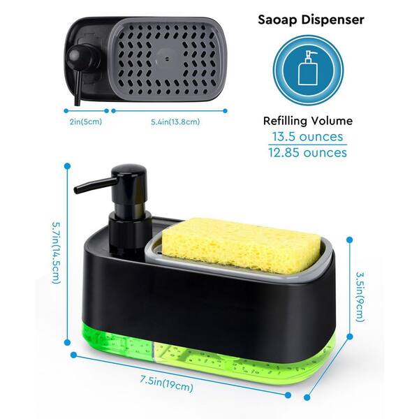 3-in-1 Countertop Soap Dispenser With Sponge Holder – Dual Pump For Hand & Dish Soap, 13.4oz/12.85oz Capacity, BPA-Free ABS, Black, For Kitchen Sink