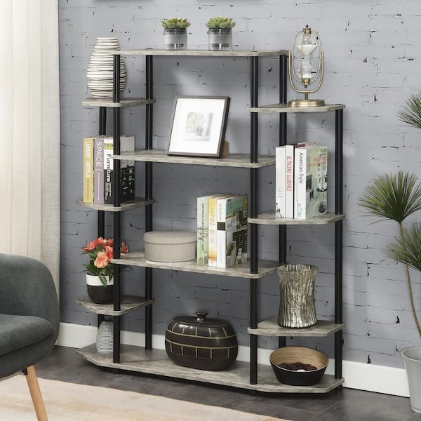 Convenience Concepts 52.5 in. Faux Birch and Black Metal 10-Shelf Etagere Bookcase with Open Back