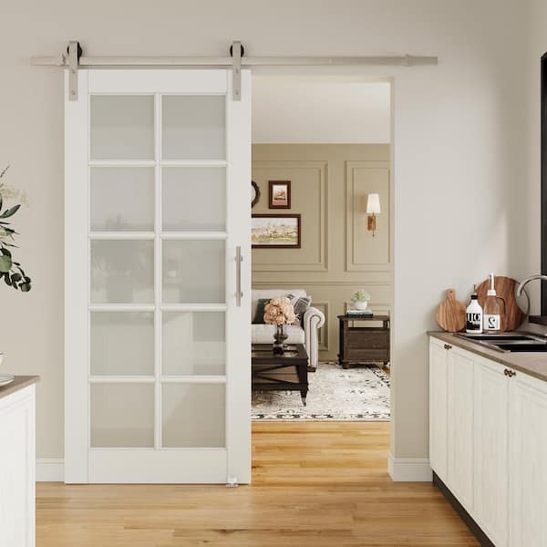 36 in. x 80 in. 10 Lite Tempered Frosted Glass White Primed MDF Sliding Barn Door with Hardware Kit Nickle