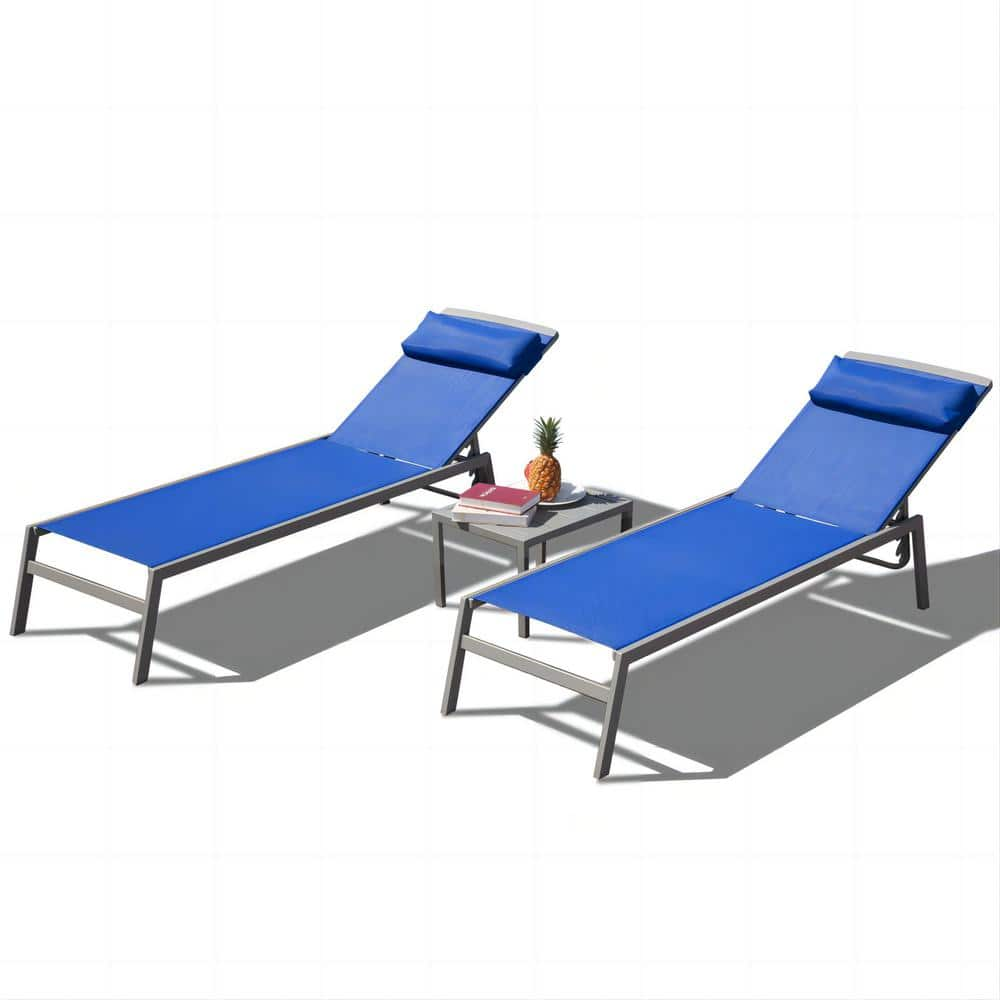 Angel Sar 3-Piece Blue Aluminum Adjustable Outdoor Chaise Lounge with Pillow, 2 Lounge Chairs Plus 1 Table